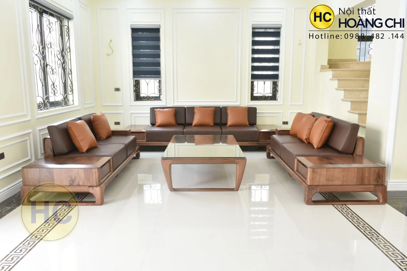 Sofa gỗ óc chó hiện đại chữ U cho phòng khách lớn