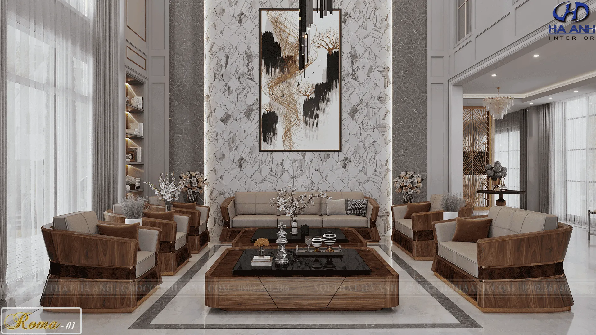 Sofa gỗ óc chó hiện đại với thiết kế chữ L tối ưu không gian