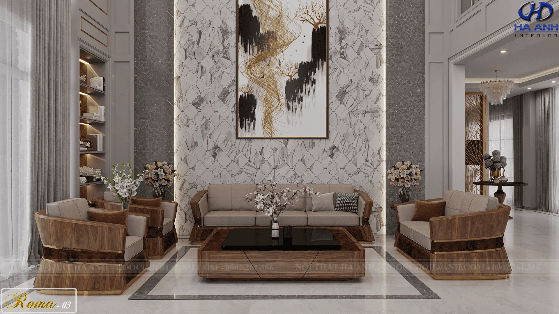 Bề mặt sofa gỗ óc chó bóng mịn dễ vệ sinh