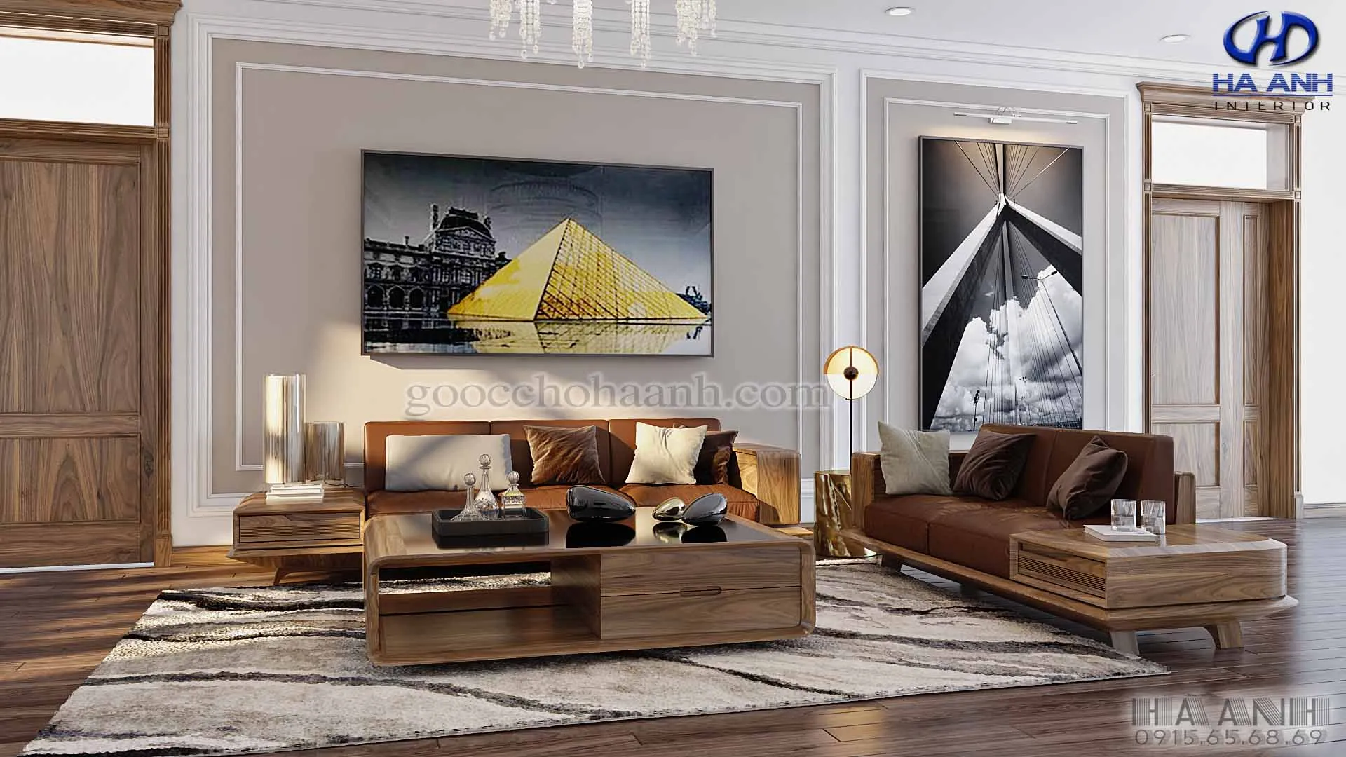 Sofa gỗ óc chó hiện đại với thiết kế tối giản