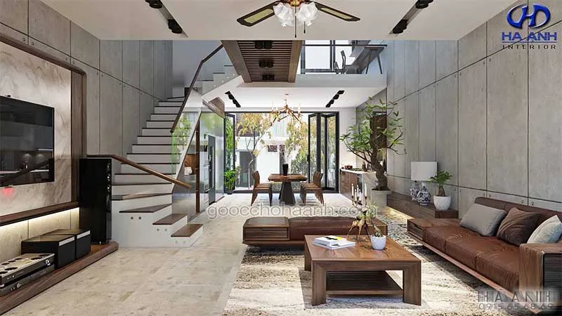 Sofa gỗ óc chó bọc da bò thật màu nâu sang trọng