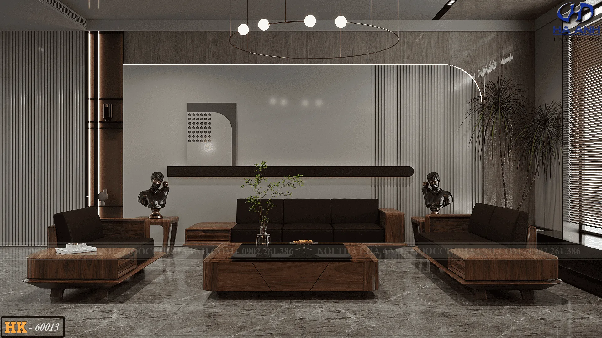 Phòng khách phong cách Scandinavian với sofa gỗ óc chó