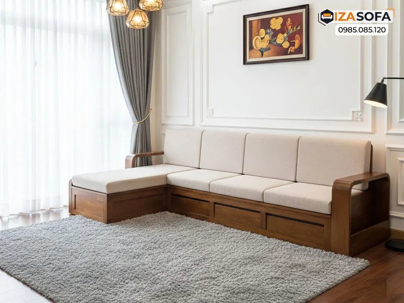 Mẫu sofa gỗ chữ L đẹp tích hợp ngăn kéo thông minh