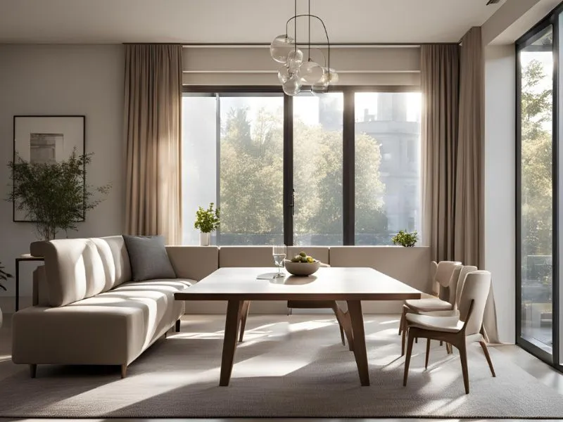 Bộ bàn ăn kết hợp ghế sofa màu be với kiểu dáng bắt mắt