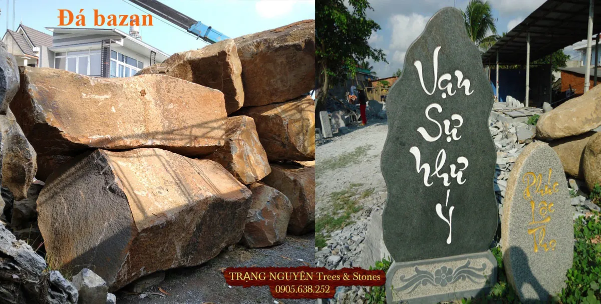 Đá tảng bazan tự nhiên với lớp vỏ nâu vàng và ruột đen xanh đặc trưng