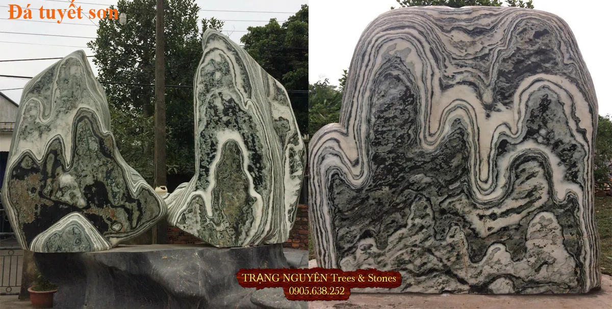 Đá tuyết sơn với vân trắng tự nhiên trên nền đen bóng