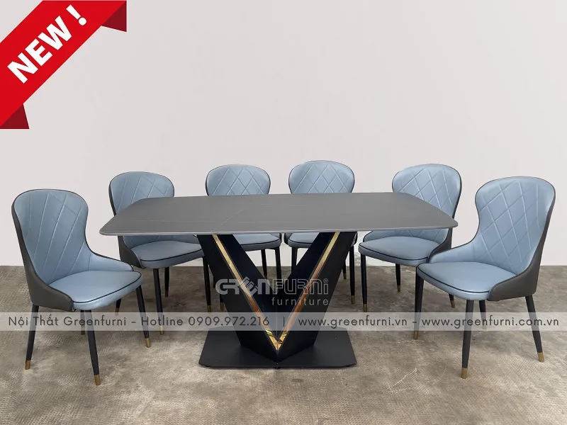 Bộ bàn ăn chân sắt mặt đá Ceramic GR018 kết hợp với ghế ăn bọc nệm hiện đại