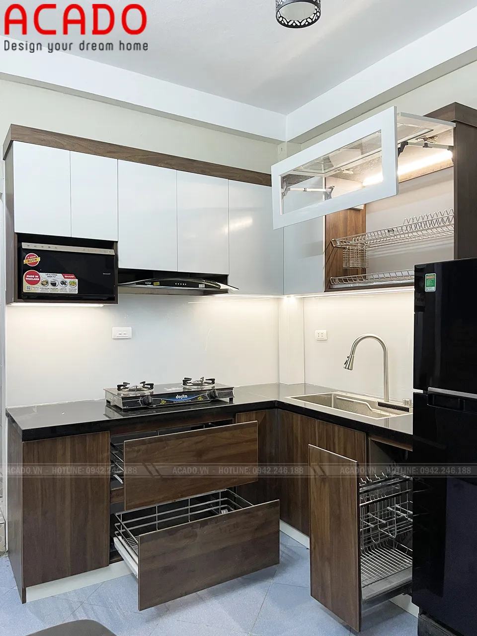 Tủ bếp chữ L Laminate An Cường với cốt nhựa chống nước tuyệt đối