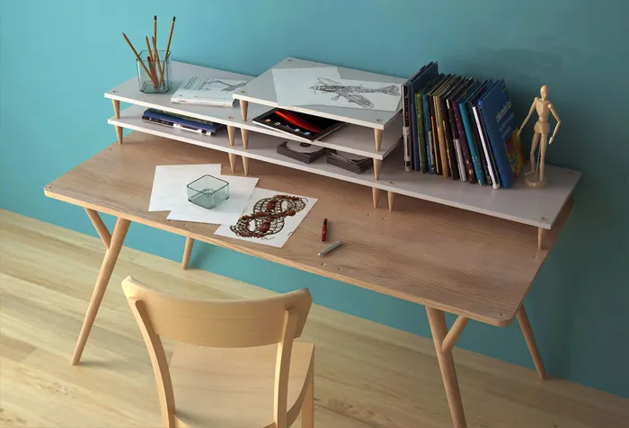 Thiết kế bàn làm việc đẹp kết hợp kệ sách xếp chồng độc đáo