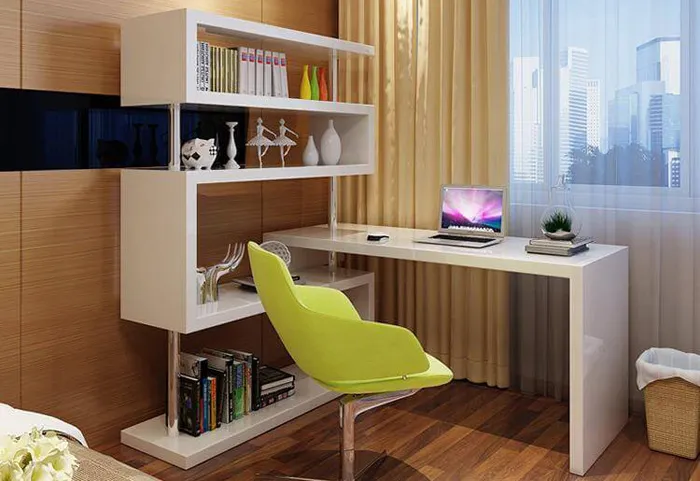 Bàn làm việc có thiết kế chân độc đáo tạo thành kệ sách uốn lượn