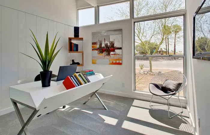 Bàn làm việc với kệ sách chữ V có kiểu dáng hiện đại