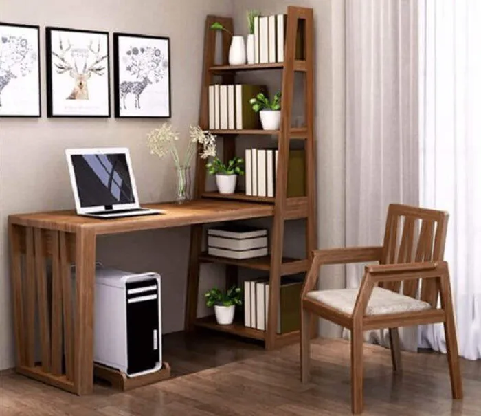 Mẫu thiết kế bàn làm việc có giá sách gỗ cao cấp và tinh tế