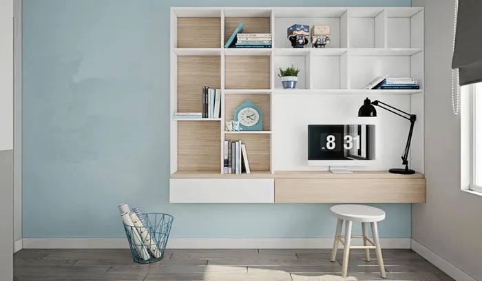Thiết kế bàn làm việc kiêm kệ sách thông minh kiểu treo tường