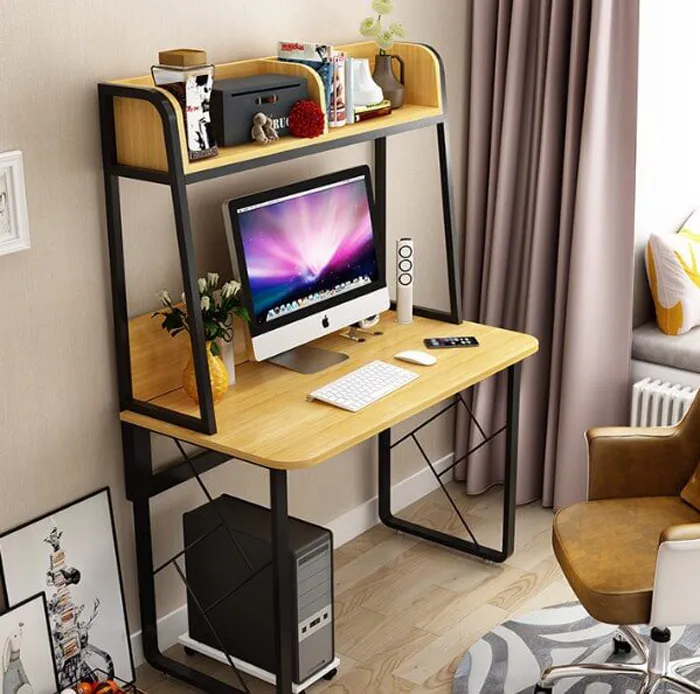 Mẫu thiết kế bàn làm việc chân sắt với kệ sách cao nhỏ gọn