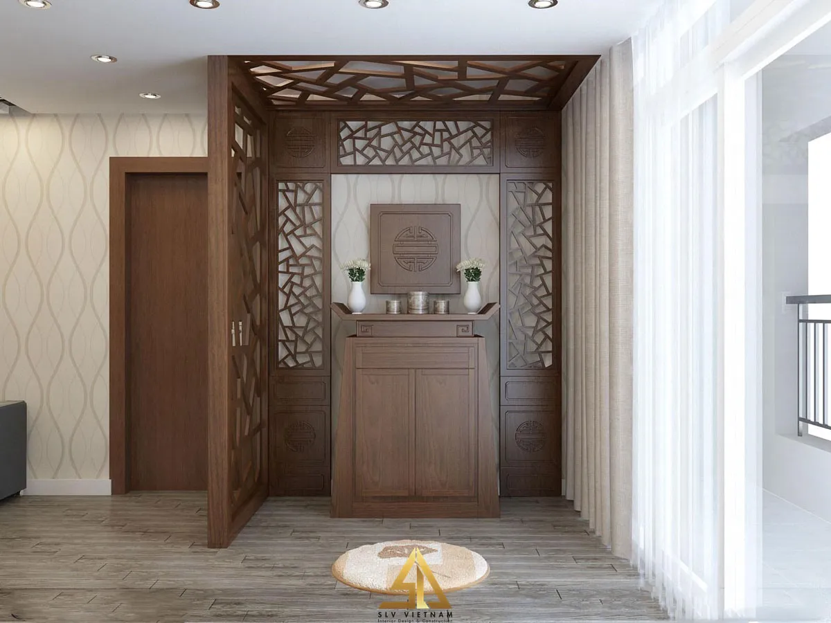 Mẫu 2: Thiết kế phòng khách kết hợp phòng thờ có vách ngăn gỗ