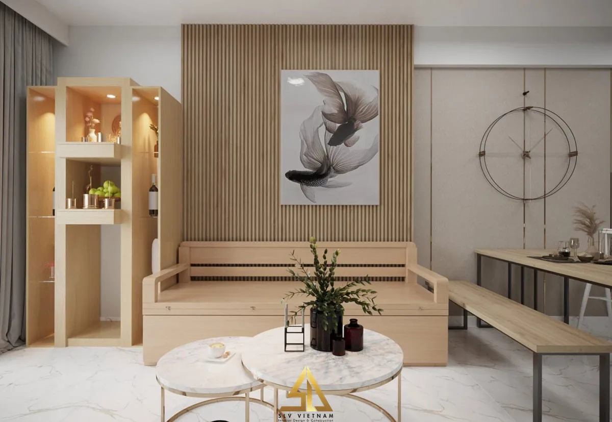 Mẫu 4: Thiết kế nội thất phòng khách với bàn thờ nhỏ cho chung cư đơn giản