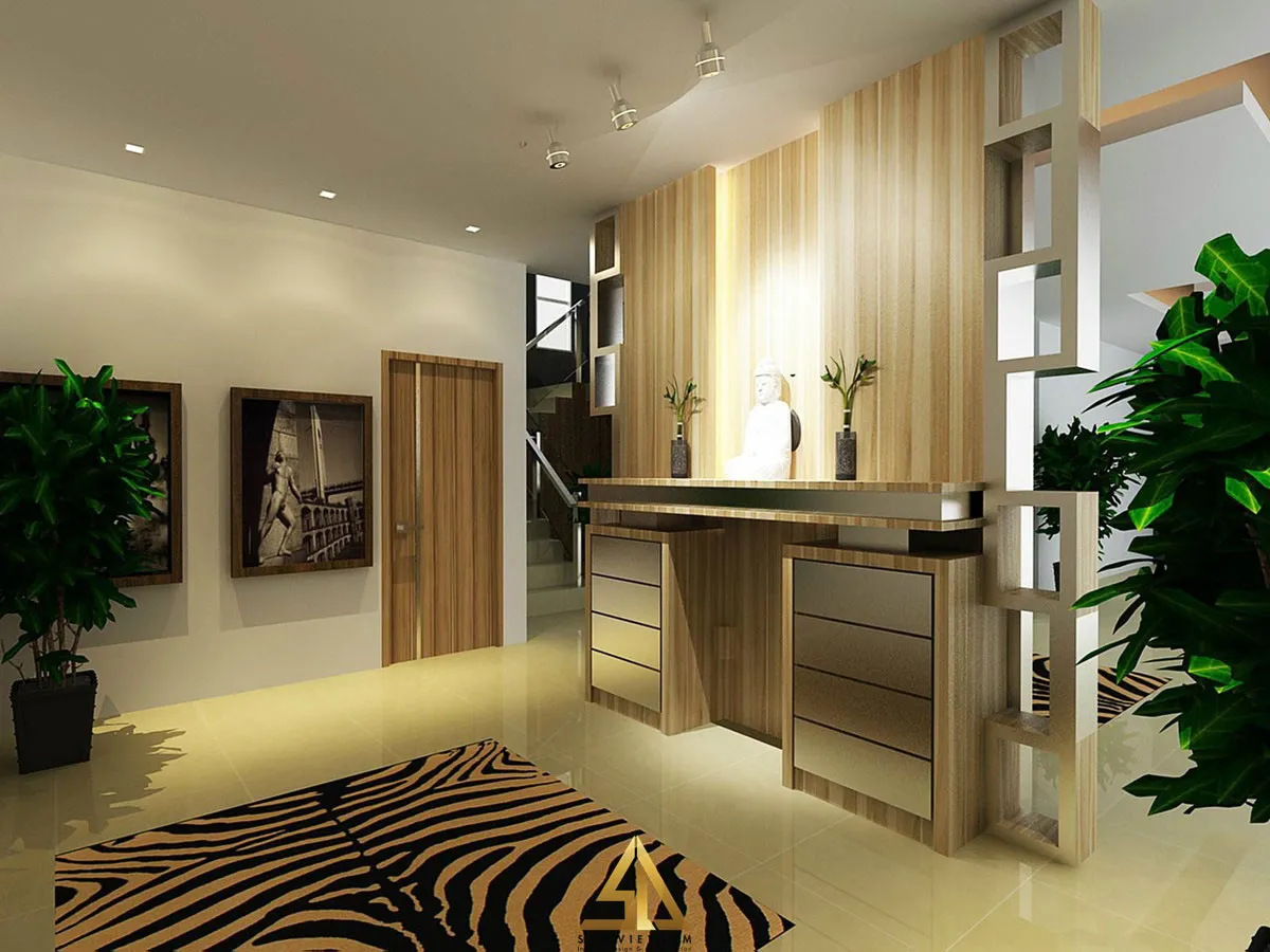 Mẫu 1: Thiết kế nội thất phòng khách kết hợp phòng thờ có vách ngăn