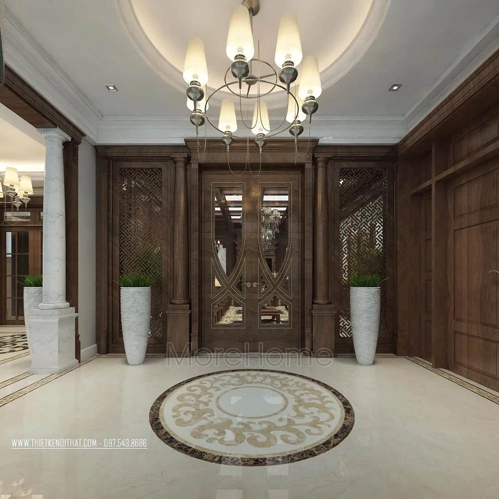 Cửa gỗ biệt thự với thiết kế vòm cong và hoa văn tinh xảo đầy quyền uy