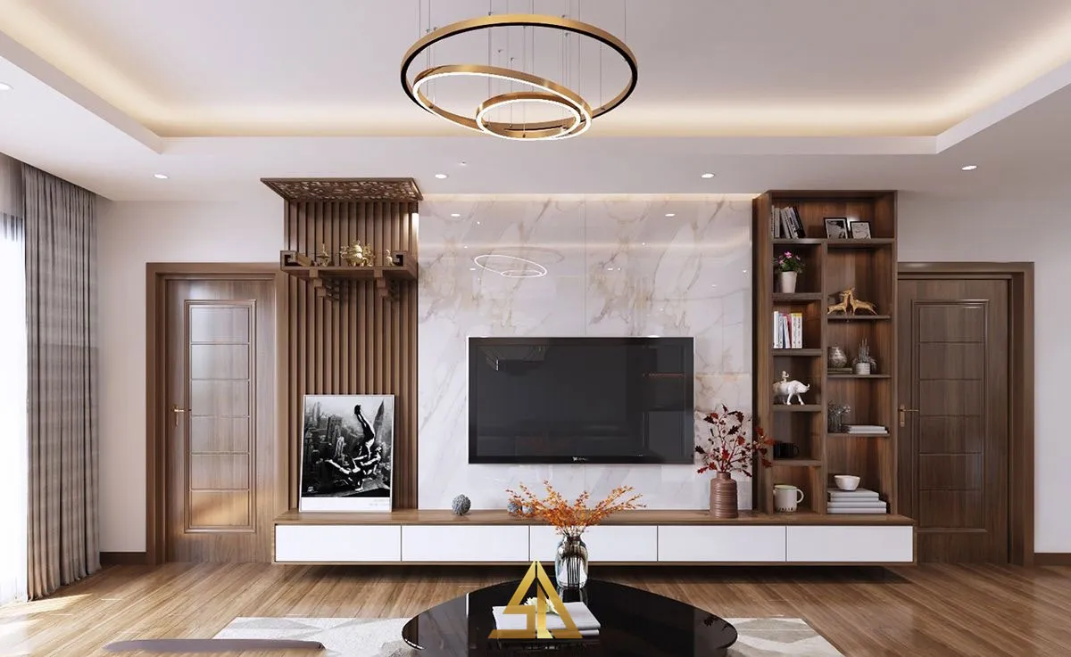 Mẫu 2: Thiết kế nội thất bàn thờ phòng khách dạng treo hiện đại