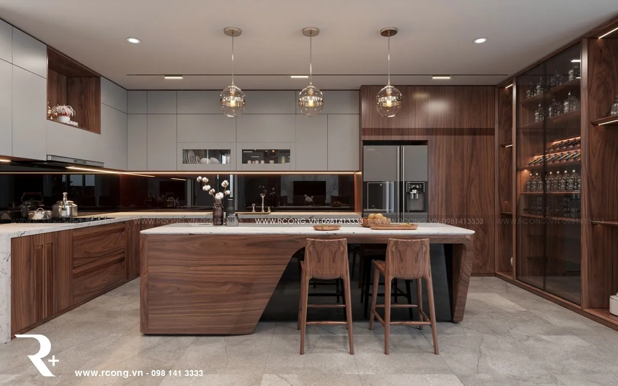 Thiết kế nội thất gỗ óc chó phòng bếp biệt thự