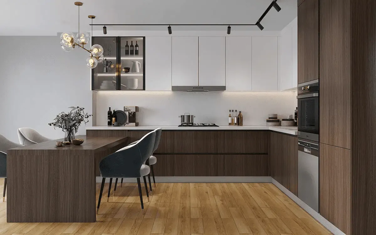 Không gian bếp được thiết kế liền kề với phòng khách giúp tận dụng tốt nhất diện tích trong nhà