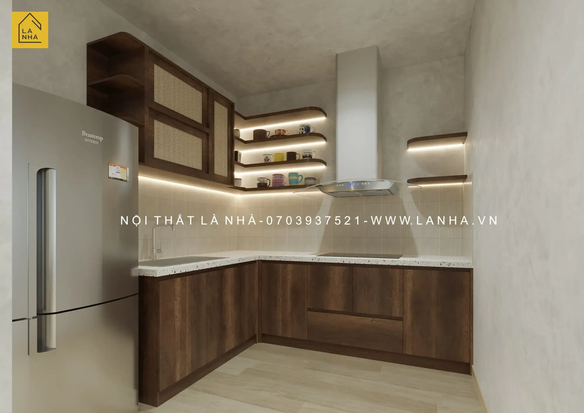 Mẫu tủ bếp chữ L kết hợp đèn led
