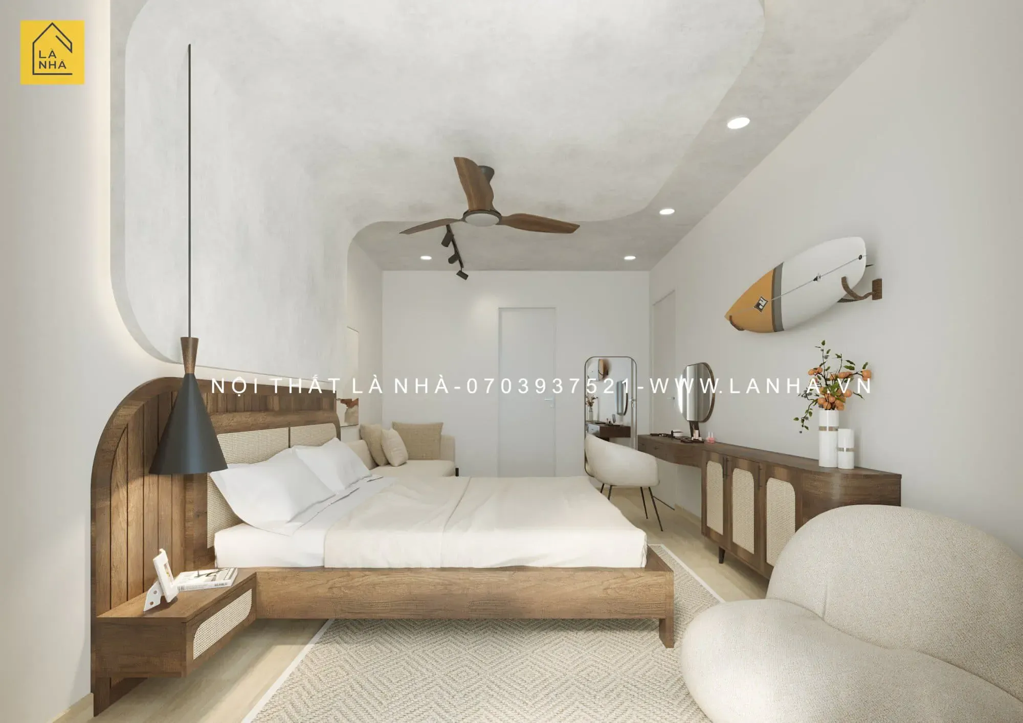 Phòng ngủ sử dụng tone màu trắng nâu thống nhất với tổng thể ngôi nhà