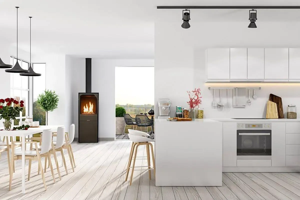 Mẫu thiết kế không gian phòng bếp đơn giản với gam màu trắng