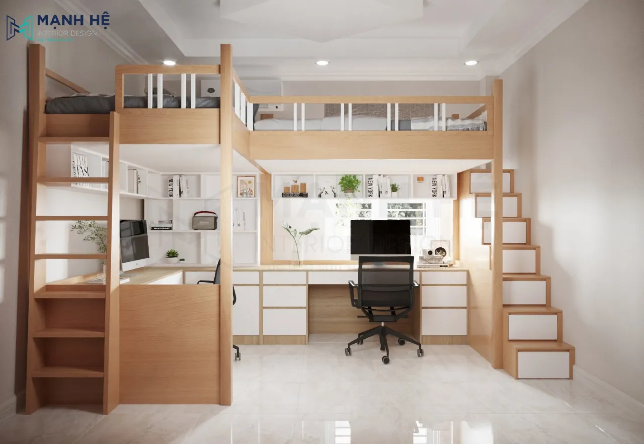 Mẫu giường tầng gỗ công nghiệp chữ L kèm bàn học