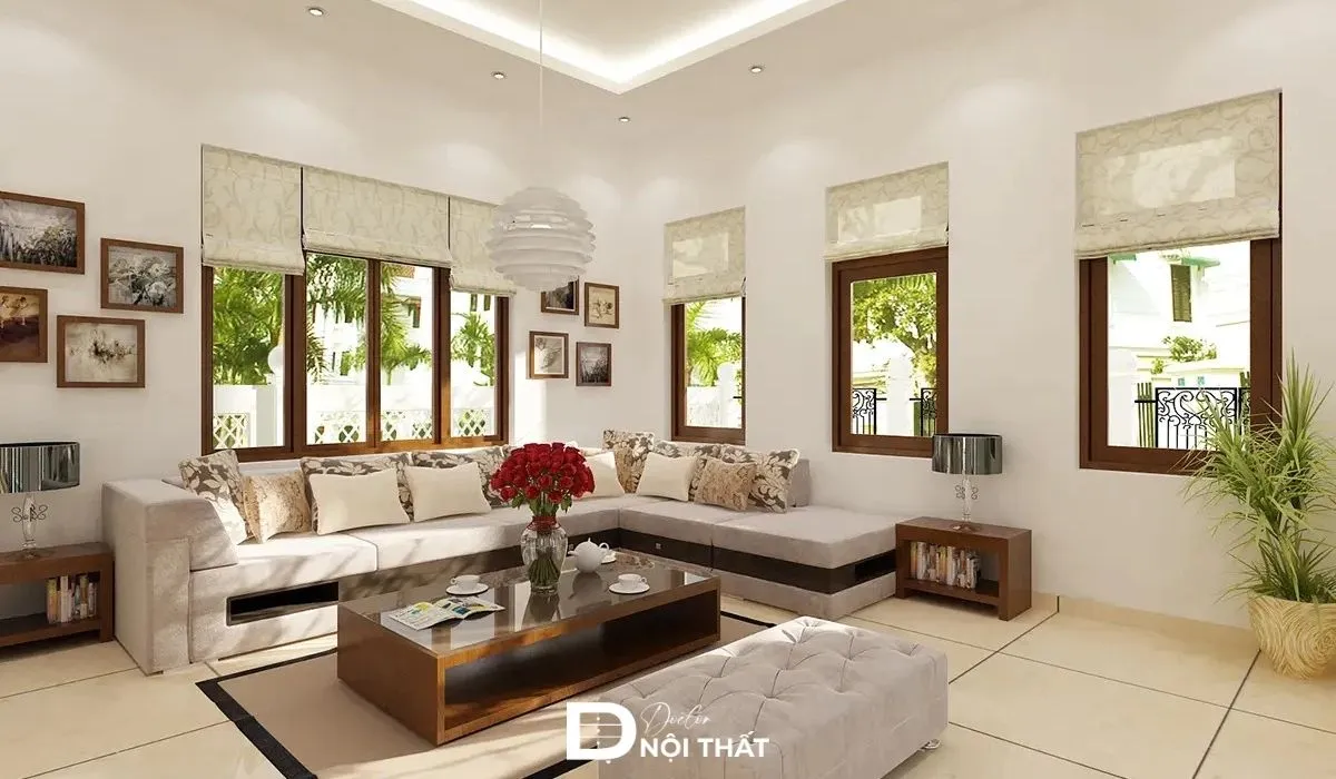 Mẫu thiết kế phòng khách có cửa chính và cửa sổ phụ