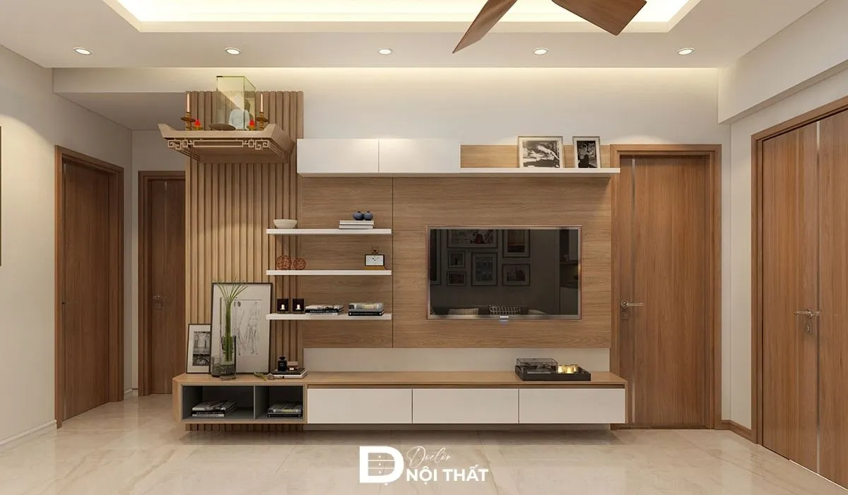 Mẫu thiết kế phòng khách nhà cấp 4 với bàn thờ treo tường