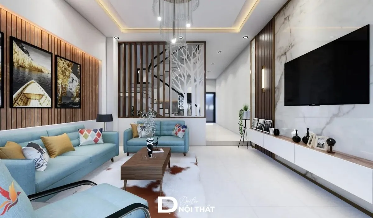 Mẫu trang trí phòng khách nhà cấp 4 nông thôn có vách ngăn chất liệu gỗ tự nhiên