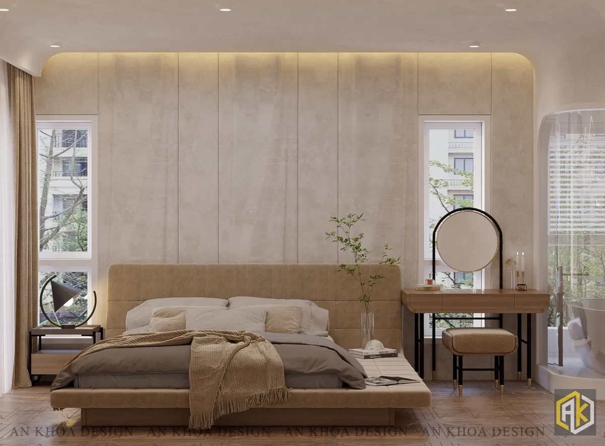 Phòng ngủ thiết kế nội thất Bình Chánh tích hợp tủ âm tường