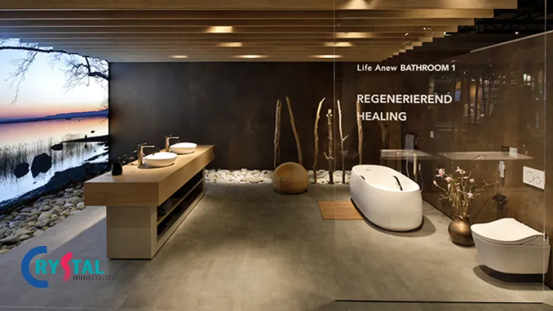 Thiết kế showroom thiết bị vệ sinh với tone màu nâu trầm làm chủ đạo