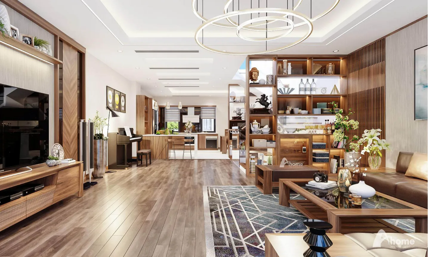 Phòng khách tối giản với gỗ sồi trắng