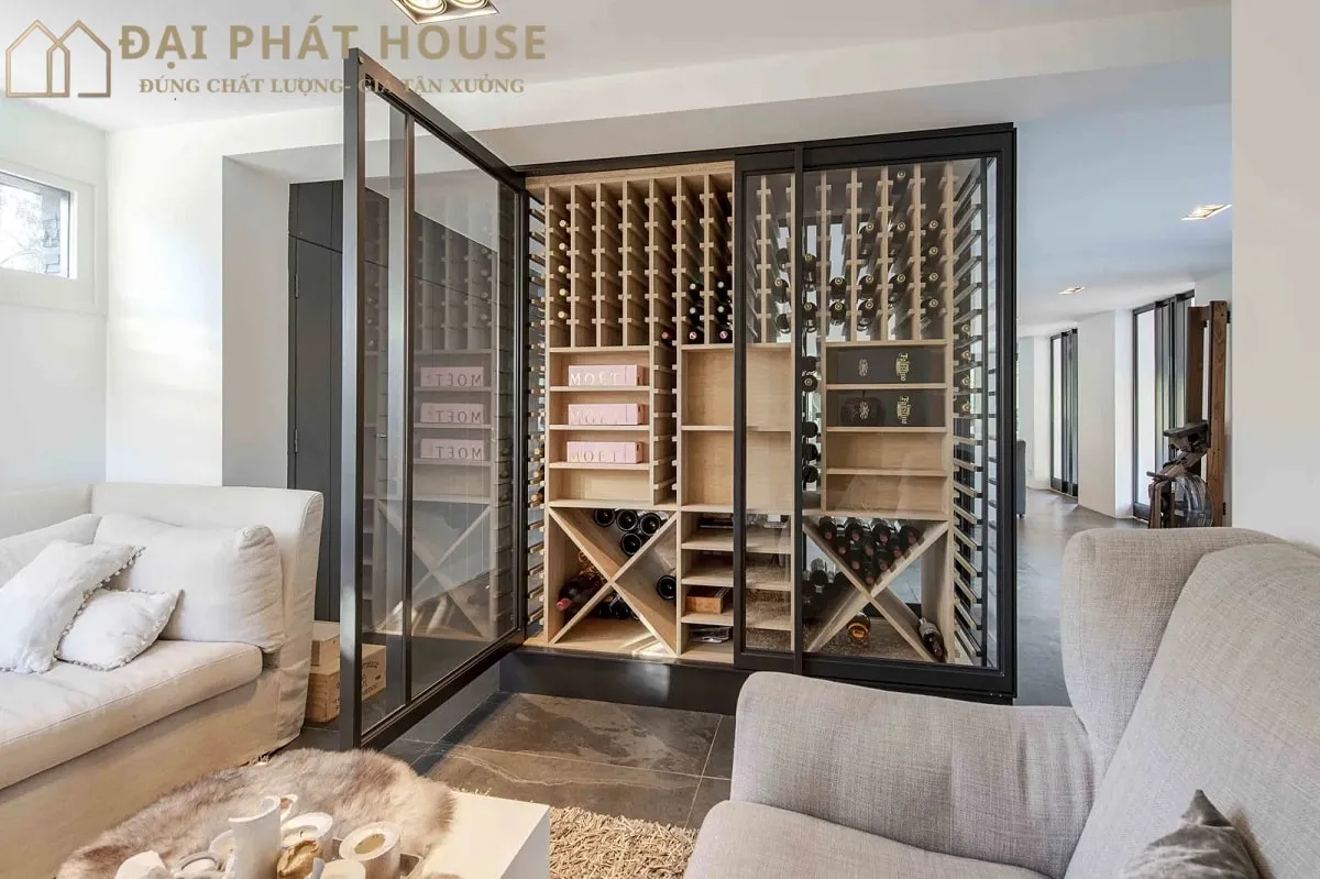Thiết kế tủ rượu phòng khách hiện đại tạo điểm nhấn sang trọng cho không gian