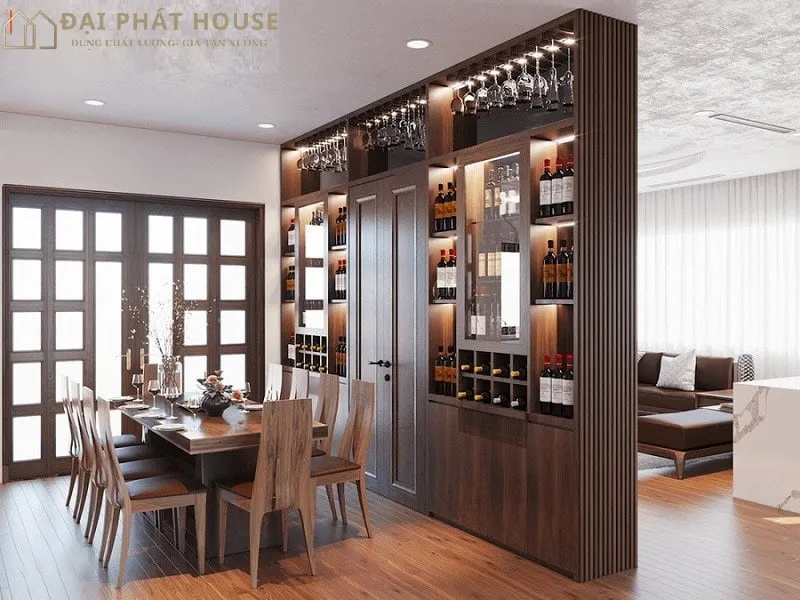 Mẫu tủ rượu ngăn phòng khách và bếp giúp tối ưu không gian mở hiện đại