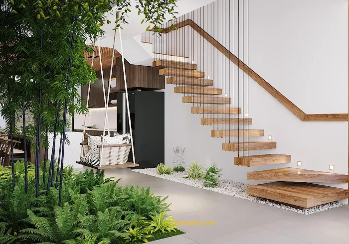 Trang trí gầm cầu thang với phong cách nhiệt đới