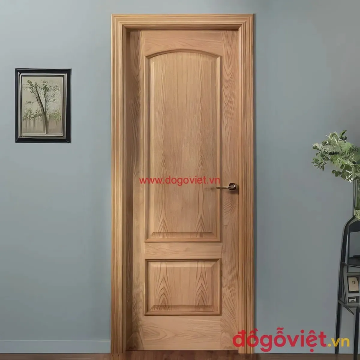 Cửa gỗ phòng khách hiện đại tối giản với bề mặt trơn phẳng, màu xám gỗ tự nhiên