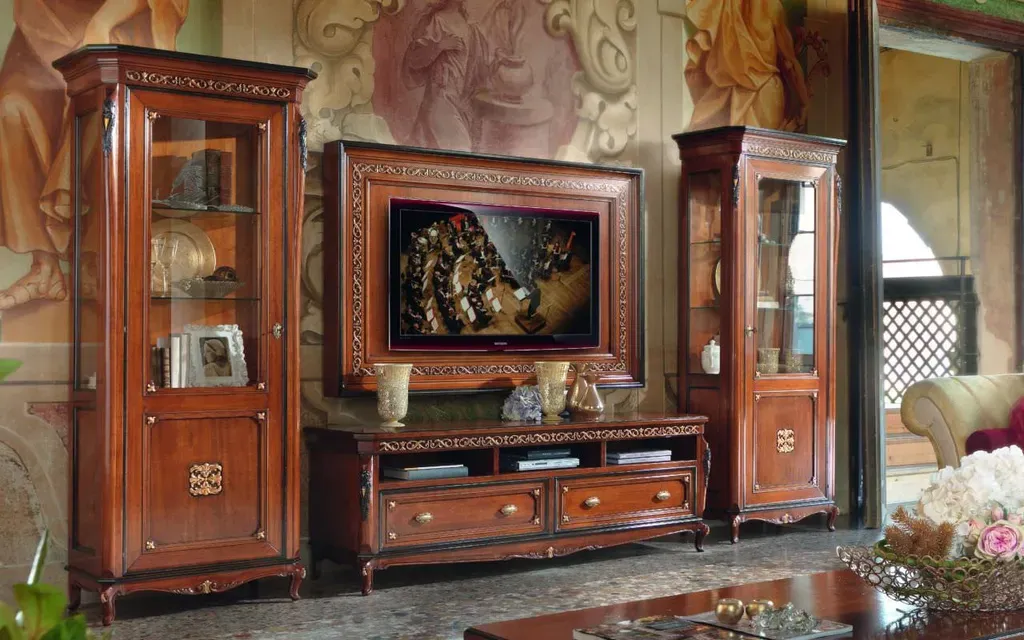 Kệ tivi kết hợp tủ rượu cổ điển thể hiện nét sang trọng xưa