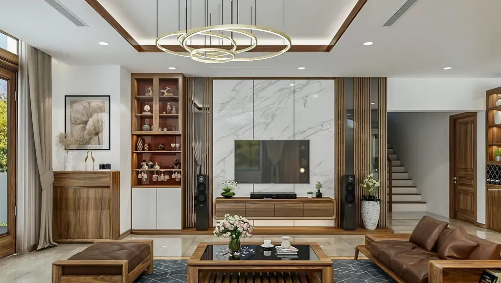 Kệ tivi kết hợp tủ rượu và lam gỗ tạo điểm nhấn thị giác