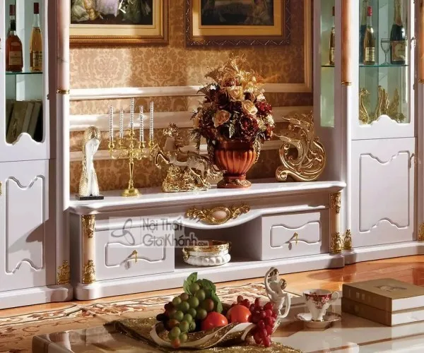 Kệ tivi tân cổ điển gắn đá quý