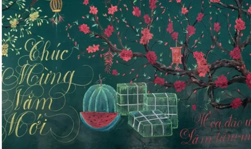 Trang trí bảng Tết 2026 hình hoa đào