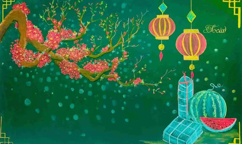 Trang trí bảng với hình hoa đào