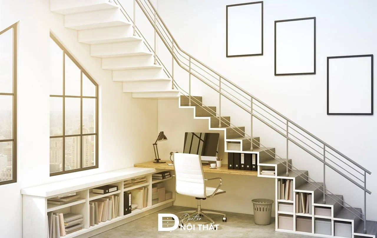 Góc làm việc dưới gầm cầu thang với bàn gỗ tự nhiên và đèn LED