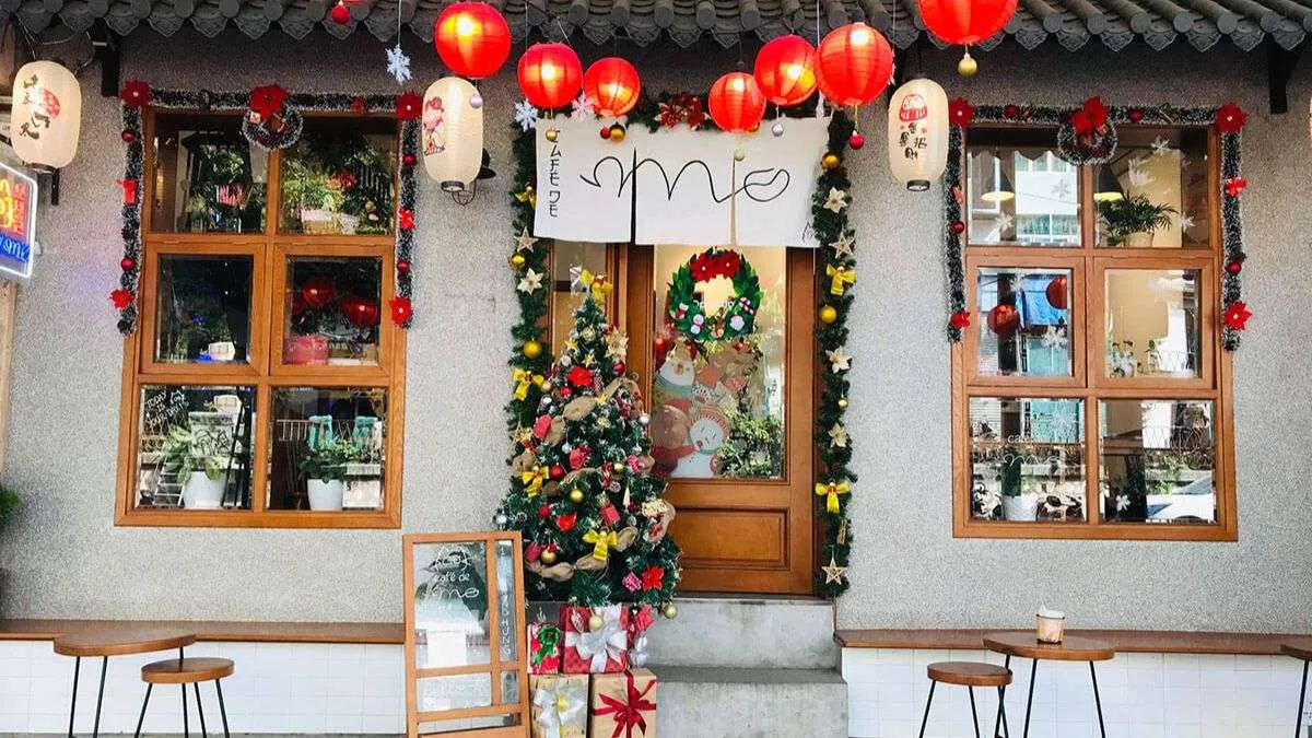 Cây thông và hộp quà bên cửa kính