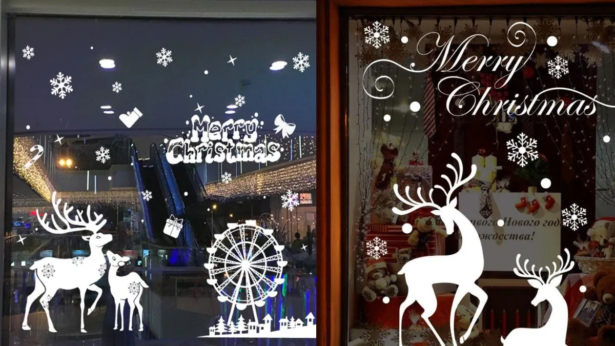 Những chú tuần lộc xốp được sử dụng để trang trí cửa kính Noel