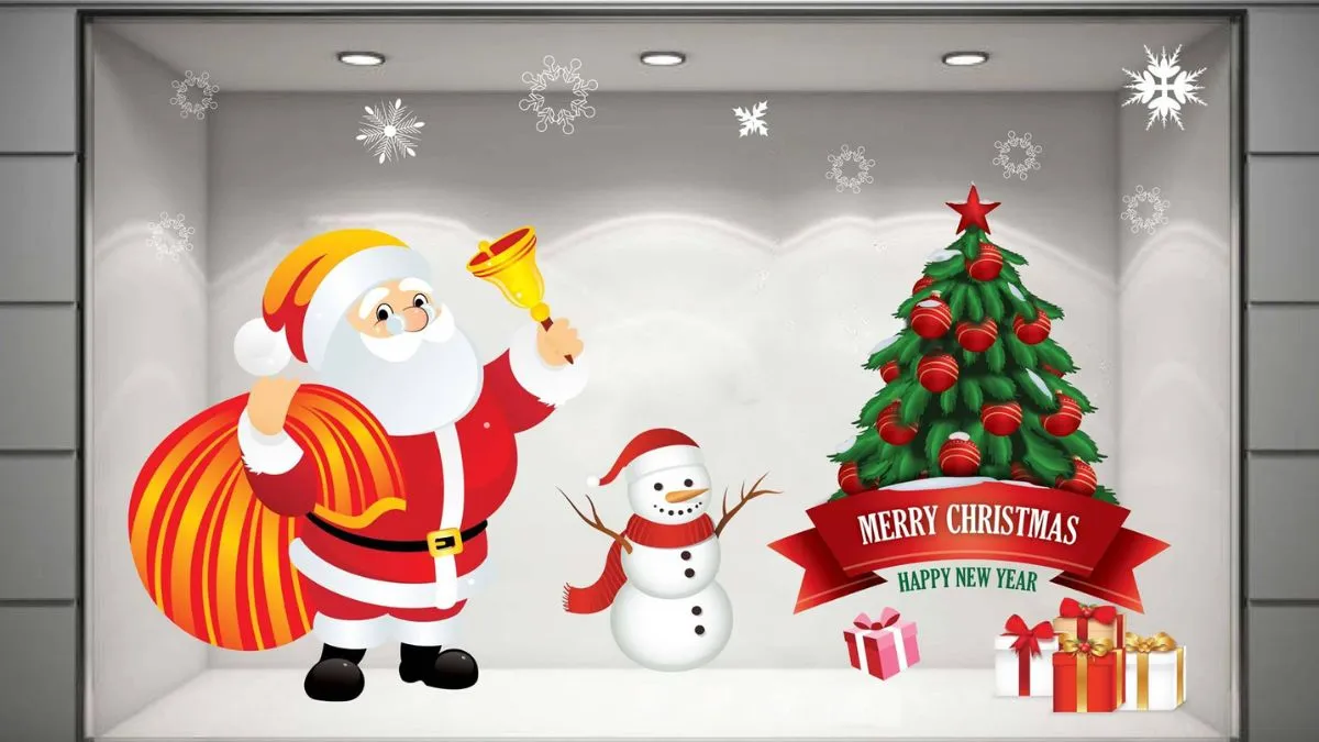 Kết hợp ông già Noel và cây thông trên cửa kính