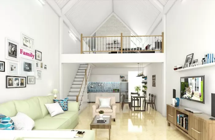 Phòng khách nhà cấp 4 nông thôn với trần thạch cao giật 2 cấp, đèn LED âm trần