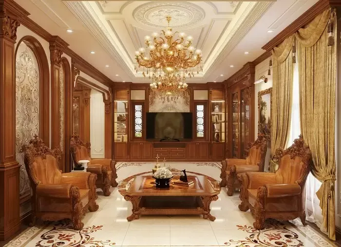 Phòng khách nhà cấp 4 với đèn thả trần hiện đại, bàn trà kính